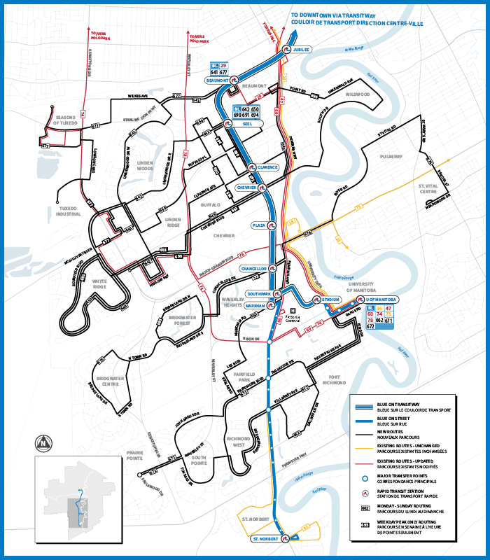 Map of the new Southwest Winnipeg route network