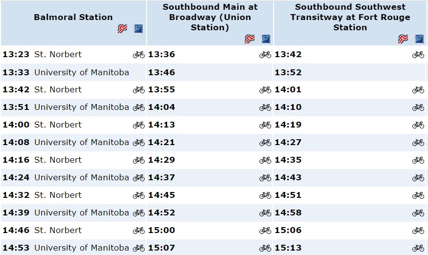 A screengrab of a timetable for the BLUE rapid transit line that shows a bike rack available on most buses for the selected time period